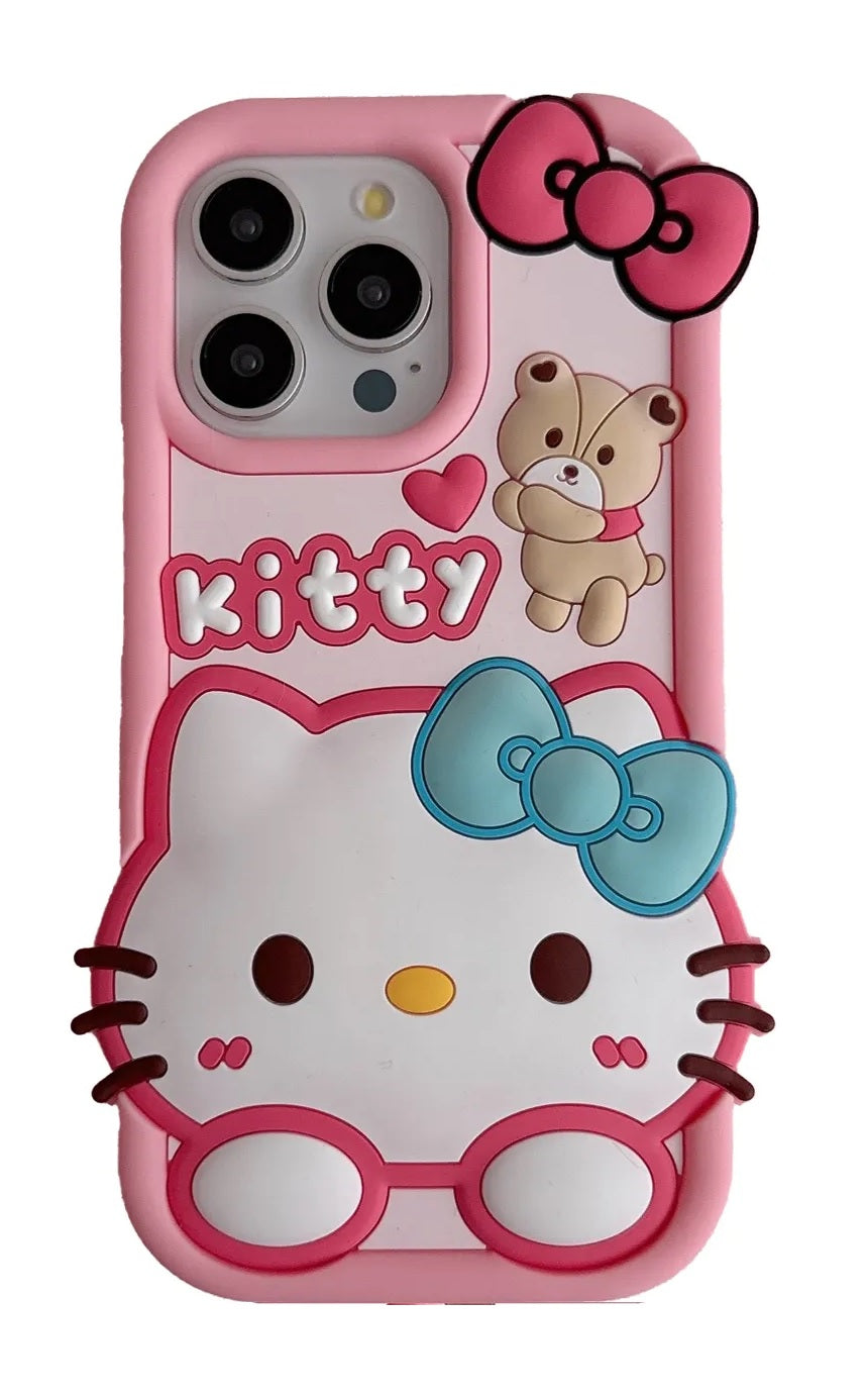3D Cartoon Hello Kitty Bow Cat Doll Teddy Bear Case